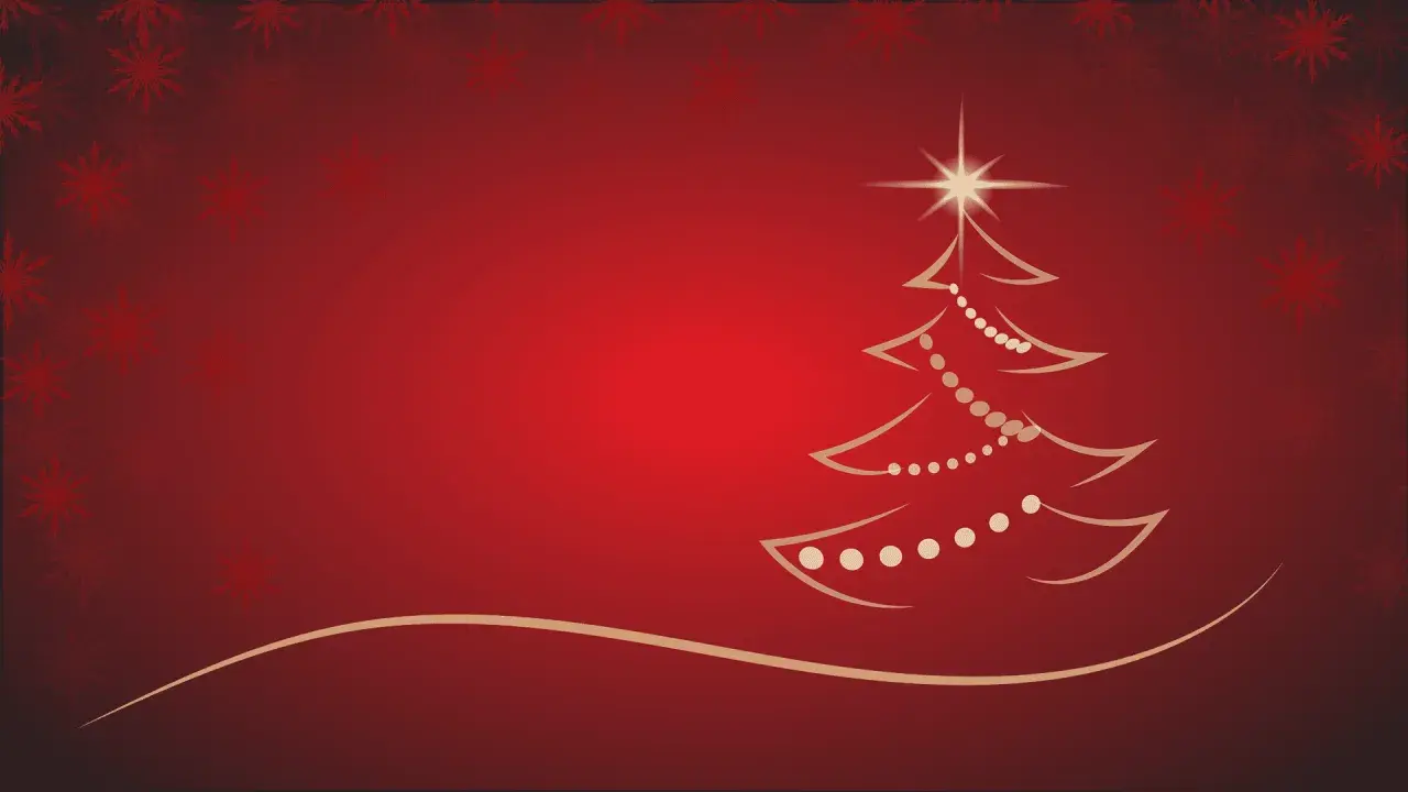 Un albero di Natale stilizzato con luci e una stella in cima, su uno sfondo rosso con fiocchi di neve. Una storia sul Natale.