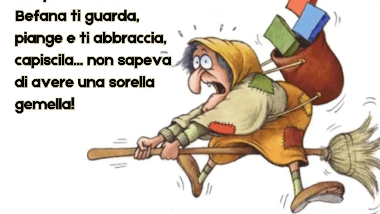 Auguri Befana divertenti! La strega vola sorpresa, pensando di aver trovato una sorella gemella.