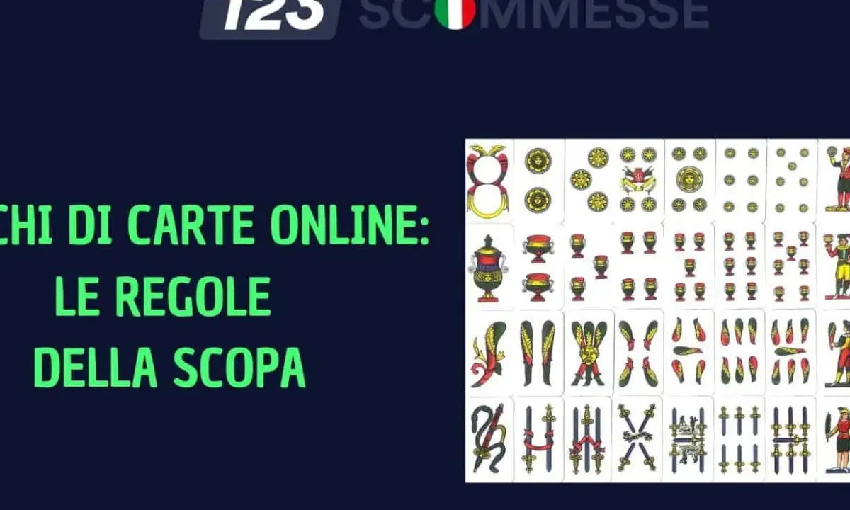 Immagine con carte da gioco italiane e testo "Giochi di carte online: le regole della scopa". Un invito a indovinare la parola, magari legata ai proverbi della scopa.