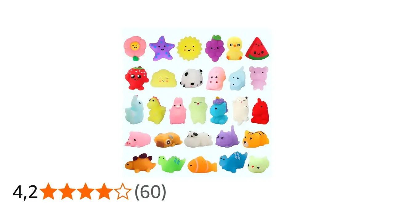 Una collezione di adorabili oggetti morbidi, esempi di giocattoli antistress a forma di animali, frutta e fiori, perfetti per alleviare la tensione.