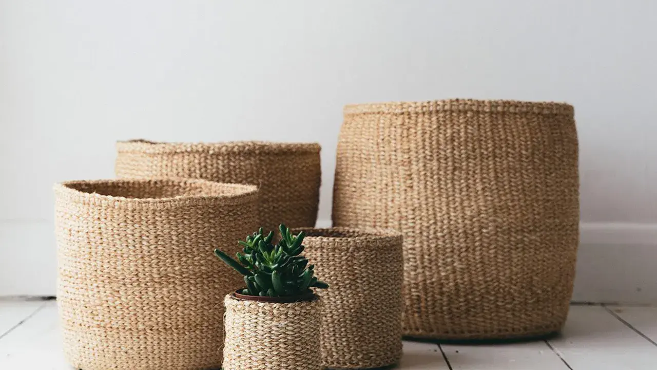 Ceste di vimini di varie dimensioni, una con una piantina. Idee per come abbellire una cesta di vimini con stile naturale.