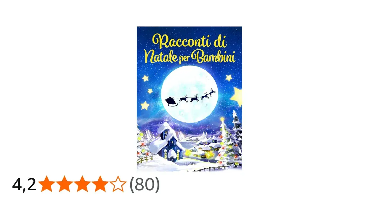 Copertina di "Racconti di Natale per Bambini": Babbo Natale vola sulla luna piena con la sua slitta, sopra un villaggio innevato illuminato.