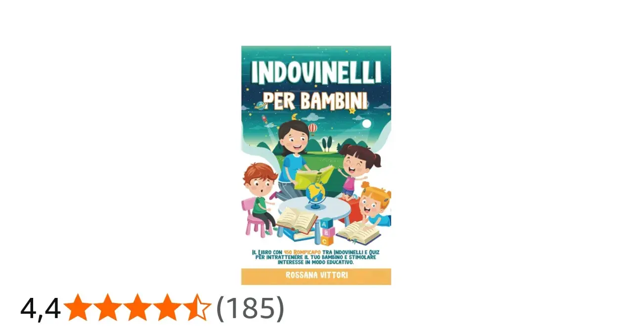 Copertina del libro "Indovinelli per bambini" con bambini che leggono e imparano, ideale per 50 indovinelli facili con risposta.