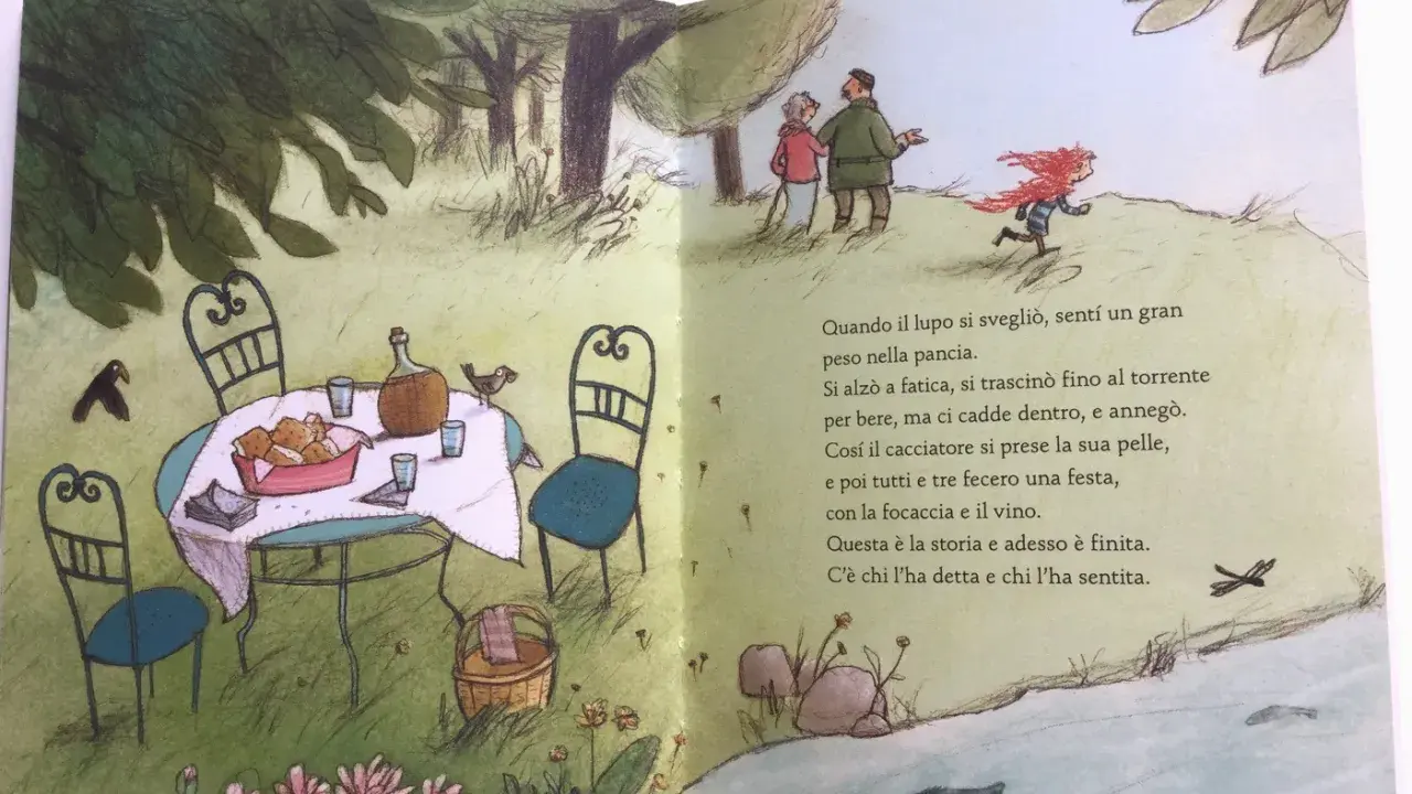 Illustrazione di fiabe famose: un tavolo apparecchiato in giardino, un fiume con pesci e personaggi che corrono.