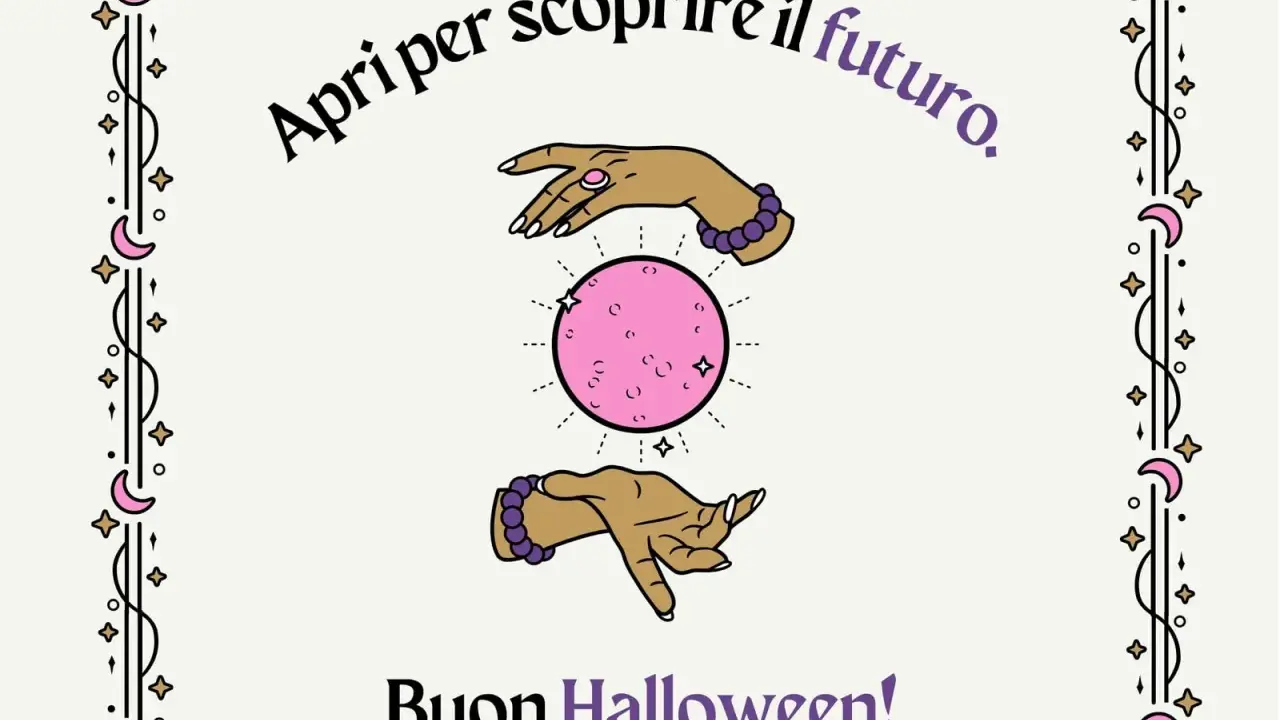Mani che sfiorano una sfera di cristallo rosa, con la scritta "Apri per scoprire il futuro". Perfetto per frasi per Halloween in rima! Buon Halloween!