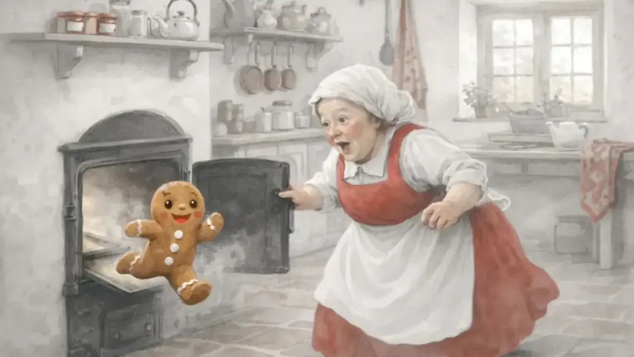 L'omino di pan di zenzero fugge dal forno, sorpreso dalla nonna. Una scena da favole per bambini.