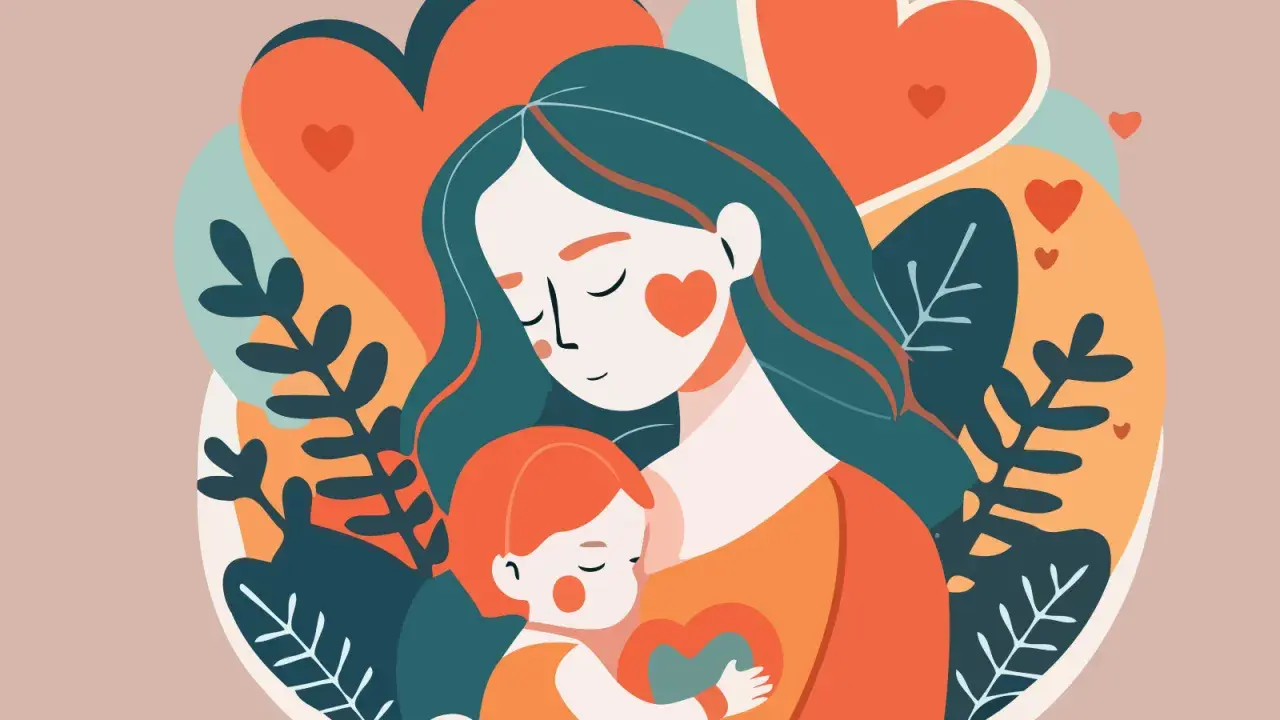 Abbraccio tra madre e figlio, un'immagine che evoca frasi sui bambini che crescono, con cuori e foglie che simboleggiano amore e crescita.