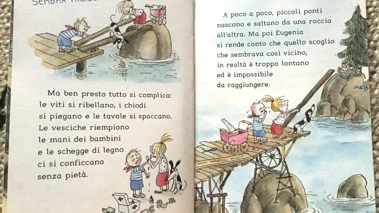 Bambini costruiscono ponti precari, un'avventura per storie per bambini di 8 anni. Le mani si feriscono, ma la determinazione non manca.
