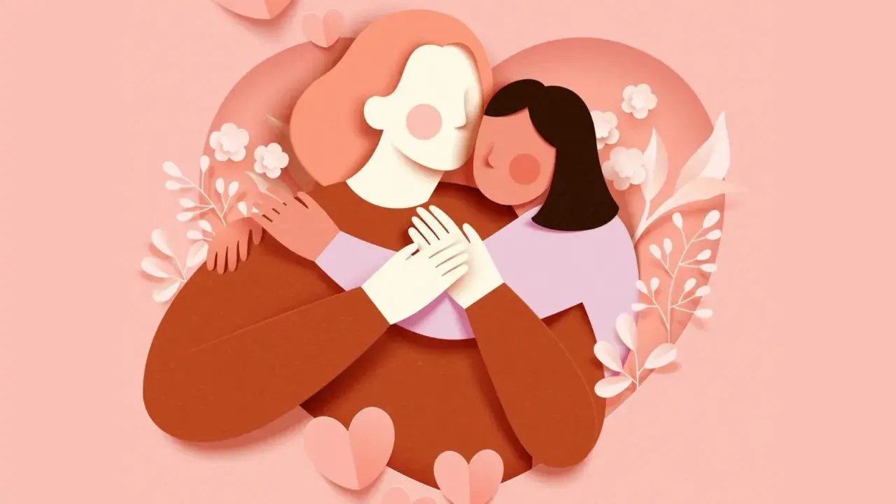 Abbraccio tra mamma e figlia, un'immagine che evoca le più belle frasi mamma e figlia, con cuori e fiori in stile paper art.
