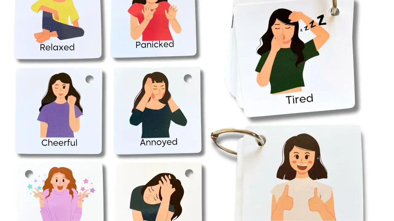 Carte illustrate per esplorare il materiale delle emozioni, utili per l'autismo. Mostrano espressioni come felice, triste, stanco, ecc.