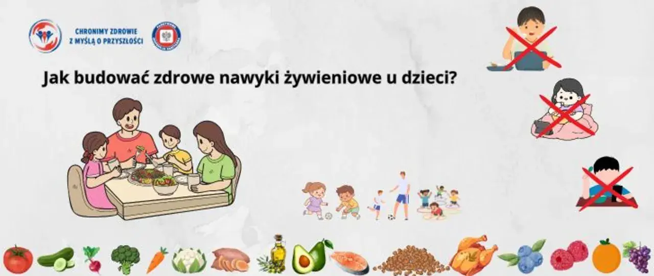 Famiglia a tavola, bambini che giocano e cibi sani. Immagine che promuove i giochi sull'alimentazione per bambini, incoraggiando abitudini sane.