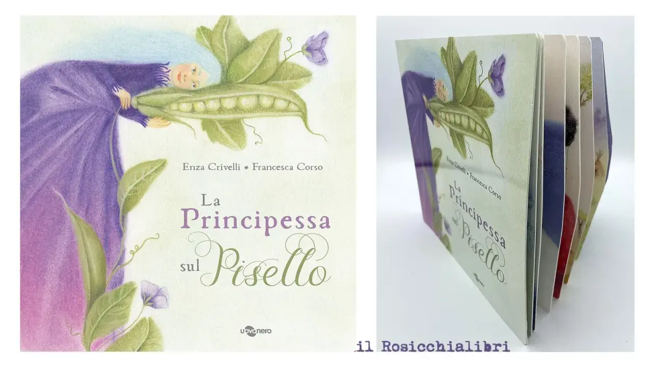 Copertina del libro "La Principessa sul Pisello" con un'illustrazione di una principessa dai capelli azzurri che abbraccia un baccello di piselli.