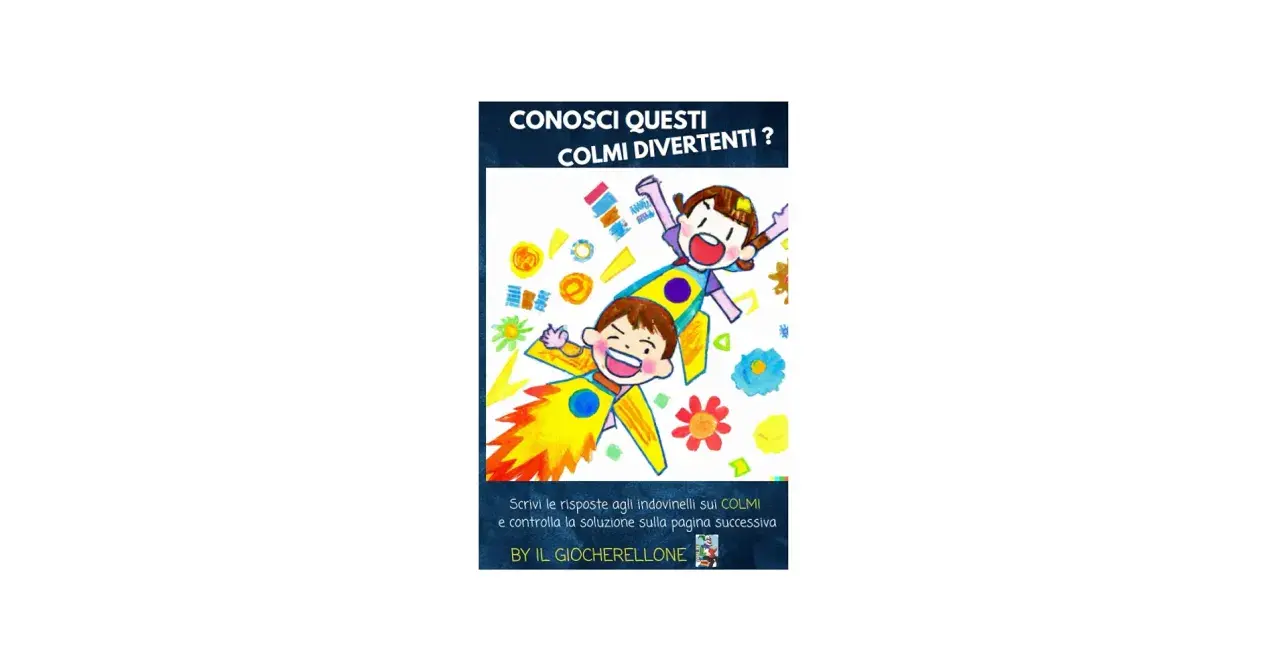 Bambini su razzi colorati, pronti a scoprire colmi divertenti. Un invito a giocare con le parole!