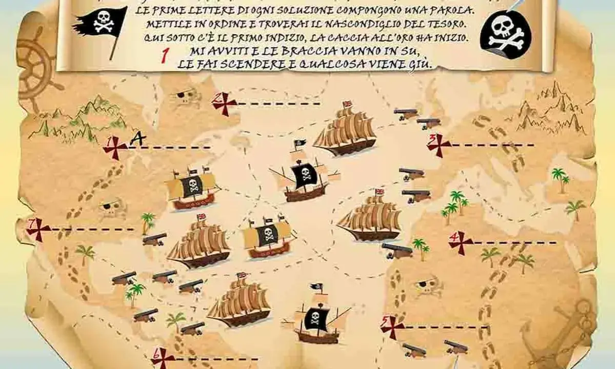 Mappa per una caccia al tesoro per bambini con navi pirata, cannoni e indizi. Risolvi gli enigmi per trovare il tesoro!