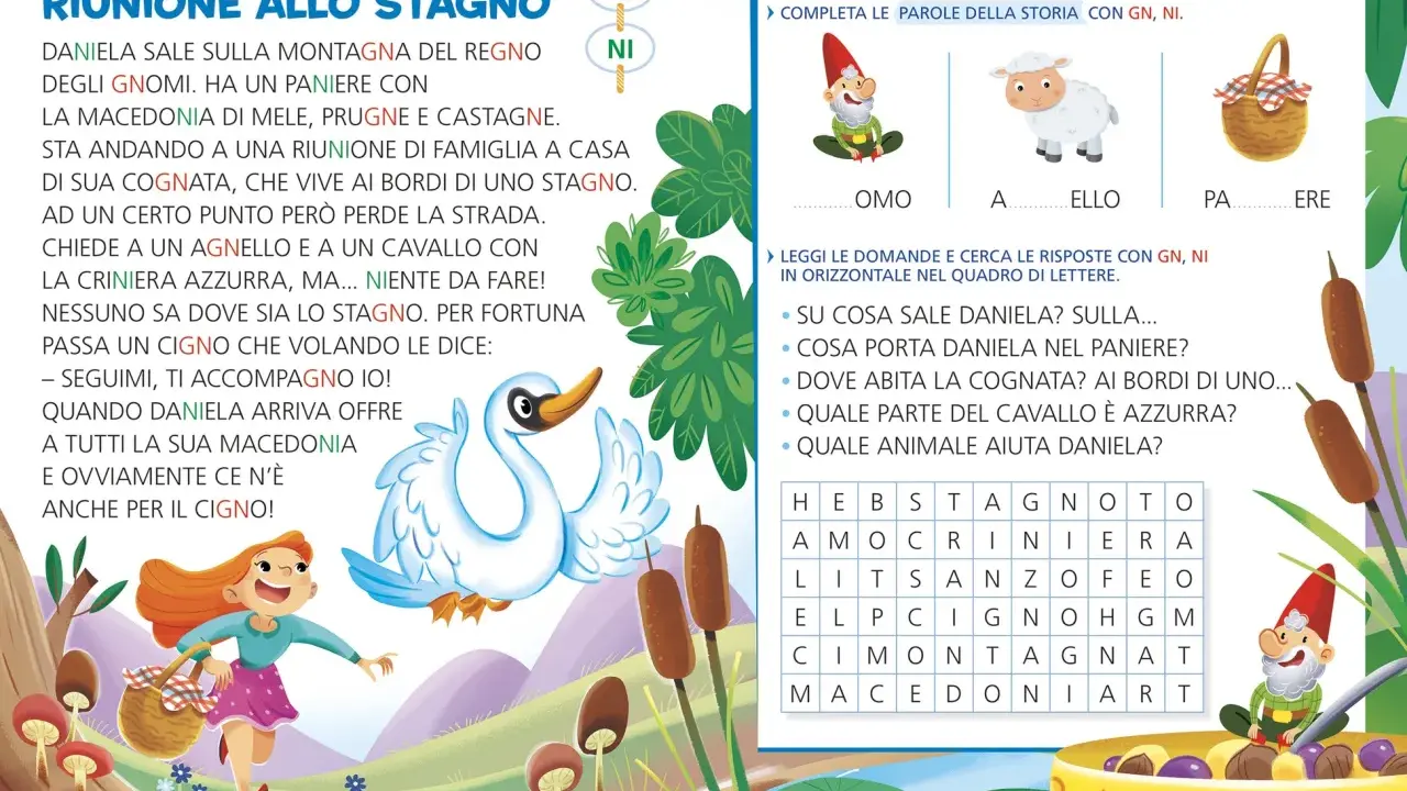 Daniela cerca lo stagno, ma si perde. Un cigno la aiuta. La storia è ricca di parole con GN e NI, perfetta per racconti brevi facili.
