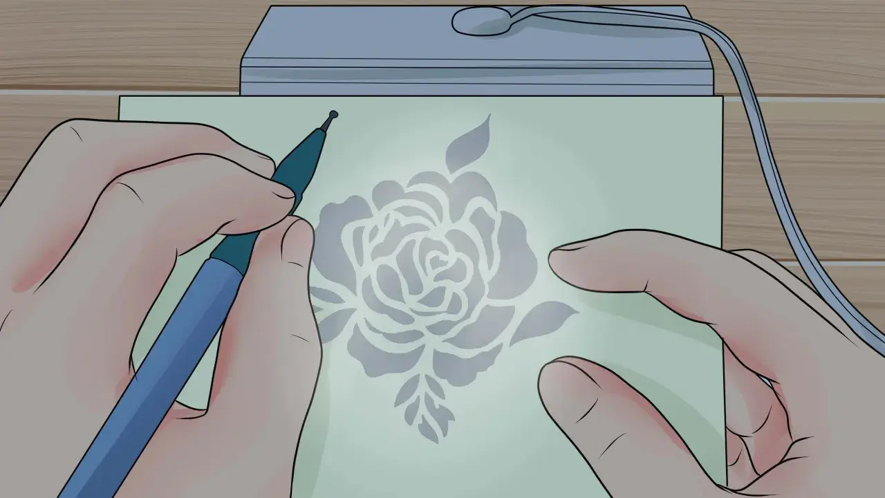 Mani che creano un disegno floreale con uno strumento su carta illuminata, un'arte di embossing su carta.
