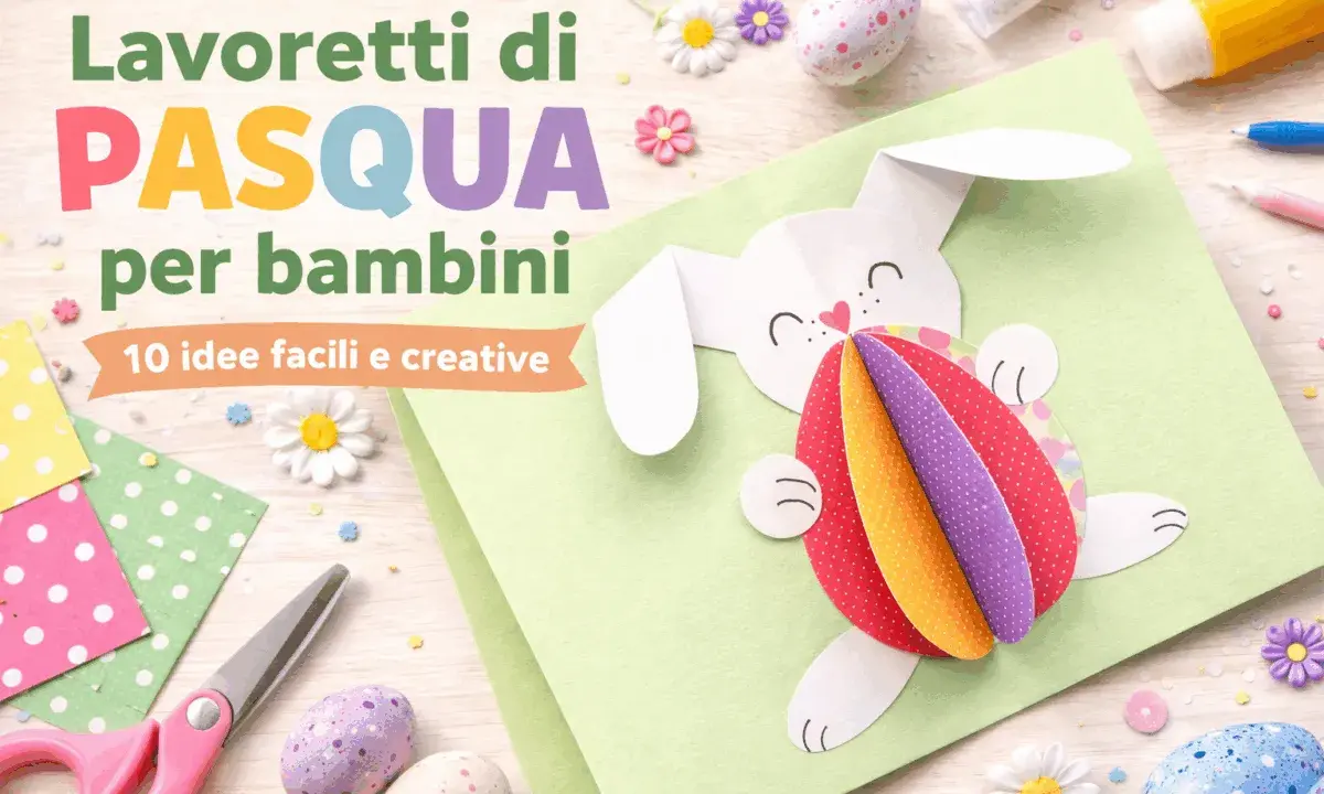 Lavoretti di Pasqua con cartoncino: un coniglietto bianco tiene un uovo colorato in 3D. Materiali per creare 10 idee facili.