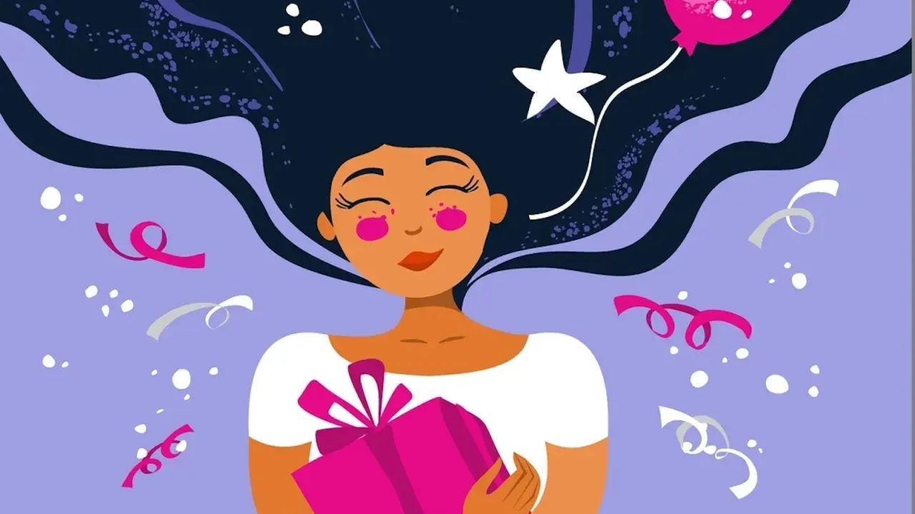 Una ragazza con lunghi capelli scuri abbraccia un regalo rosa, circondata da coriandoli e un palloncino. Perfetto per auguri di buon compleanno frasi semplici.