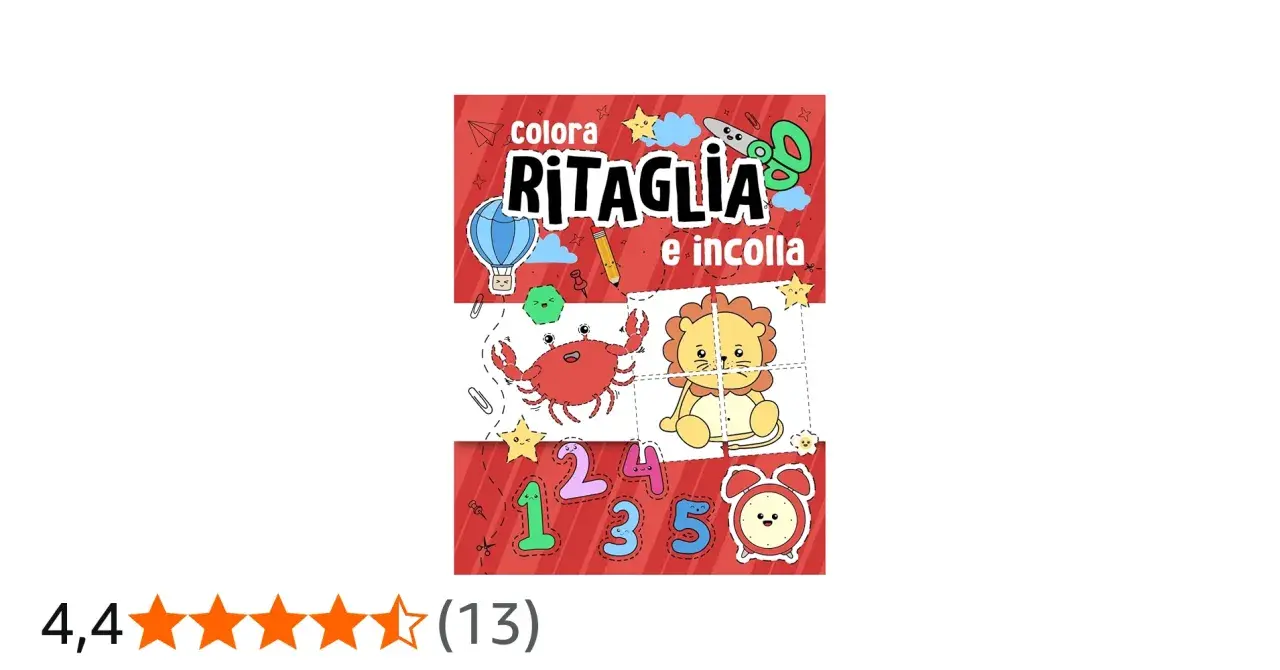 Libro "Colora, Ritaglia e Incolla" con simpatici disegni di un granchio, un leone, numeri e un orologio. Attività di ritaglio per bambini.
