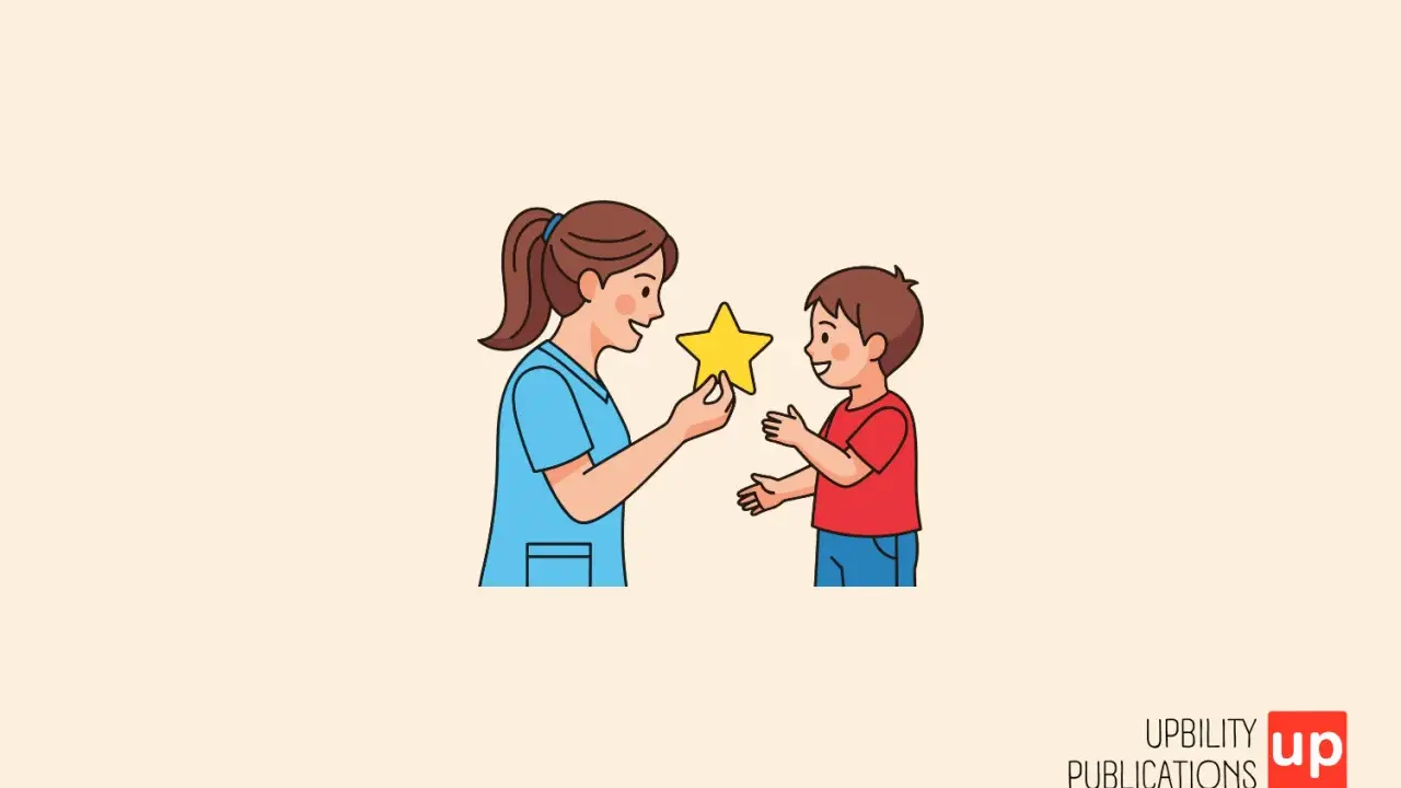 Una terapista premia un bambino con una stella, un esempio di come le prassie, il significato di apprendimento motorio, si manifestano nel gioco.
