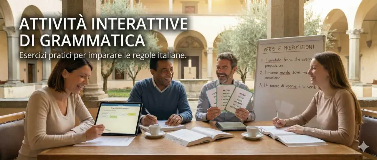 Persone sorridenti partecipano a giochi di grammatica interattivi, imparando verbi e preposizioni con esercizi pratici.