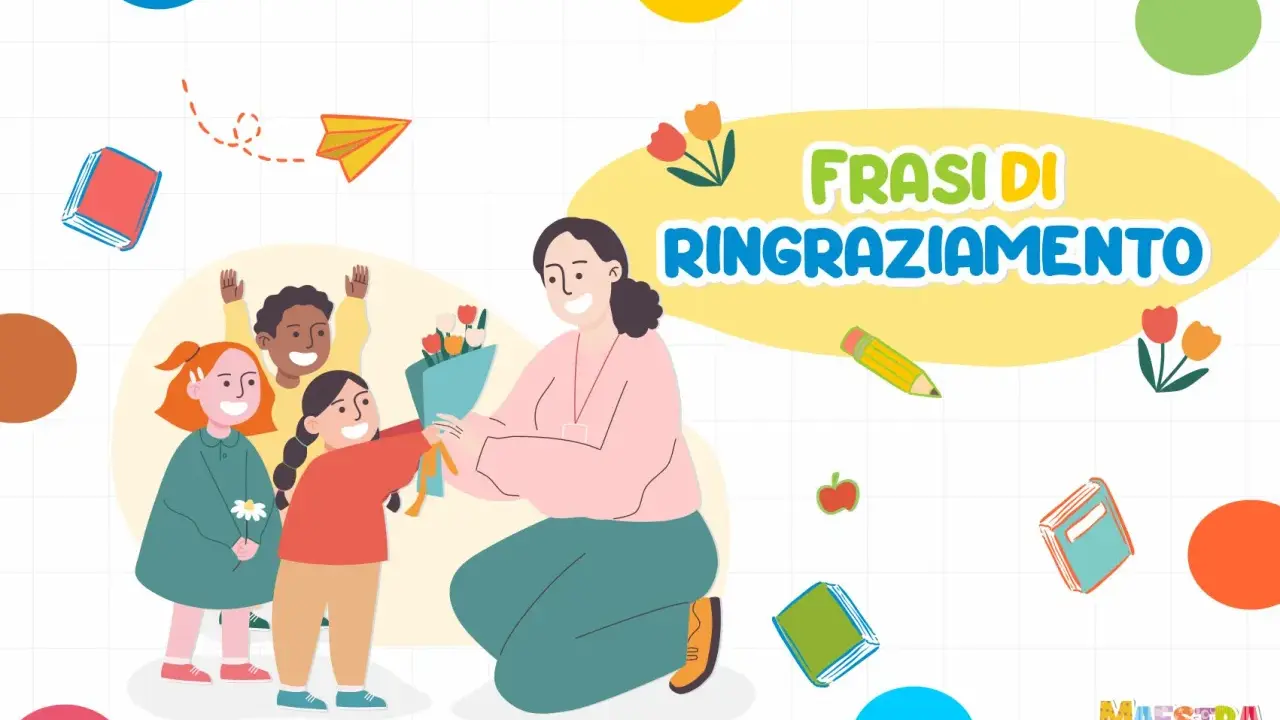 Bambini felici offrono un mazzo di fiori alla loro maestra, un gesto di gratitudine. Frasi di ringraziamento per la maestra.