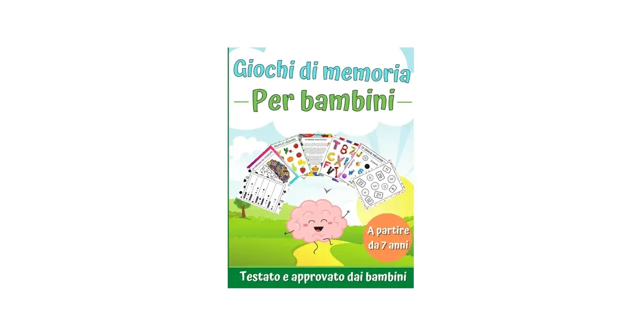 Copertina di "Giochi di memoria per bambini" con un cervello sorridente e varie schede di attività, ideali per allenare la mente.