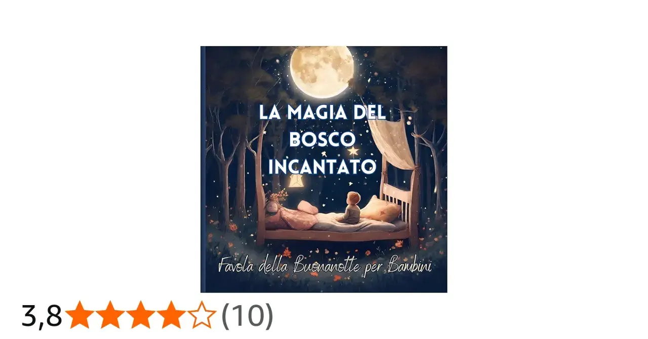 Un bambino dorme in un letto nel buio, sotto la luna piena, in un bosco incantato. Buonanotte bosco incantato.