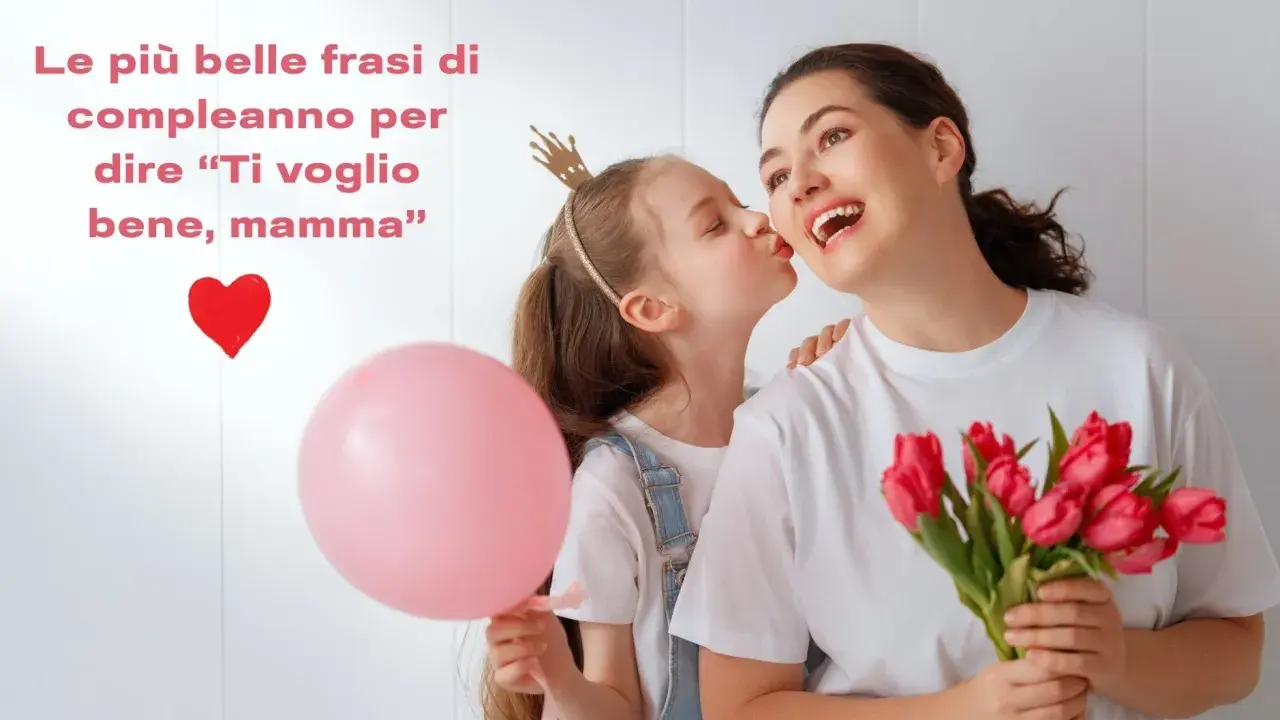 Bambina bacia la mamma, regalandole fiori e un palloncino. Un augurio speciale: buon compleanno mamma!