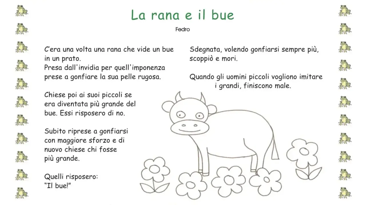 La rana e il bue, una delle brevi fiabe scuola primaria, narra di una rana che invidia un bue e tenta di gonfiarsi per essergli pari, finendo per scoppiare.
