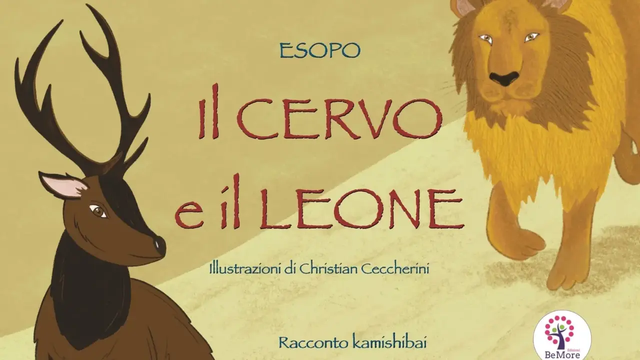 La cerva vanitosa e il leone, protagonisti di un racconto kamishibai di Esopo. Illustrazioni di Christian Ceccherini.