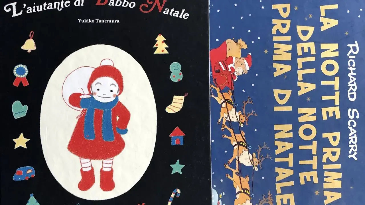 Copertine di libri natalizi: "L'aiutante di Babbo Natale" con un bambino e simboli festivi, e "La notte prima di Natale" con un orso su una slitta trainata da renne.