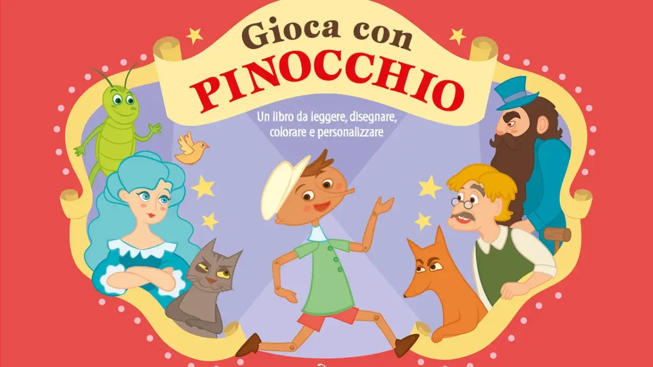 Buongiorno! La copertina del libro "Gioca con Pinocchio" mostra il burattino con la Fata Turchina, il Grillo Parlante, il Gatto e la Volpe, Geppetto e Mangiafuoco.