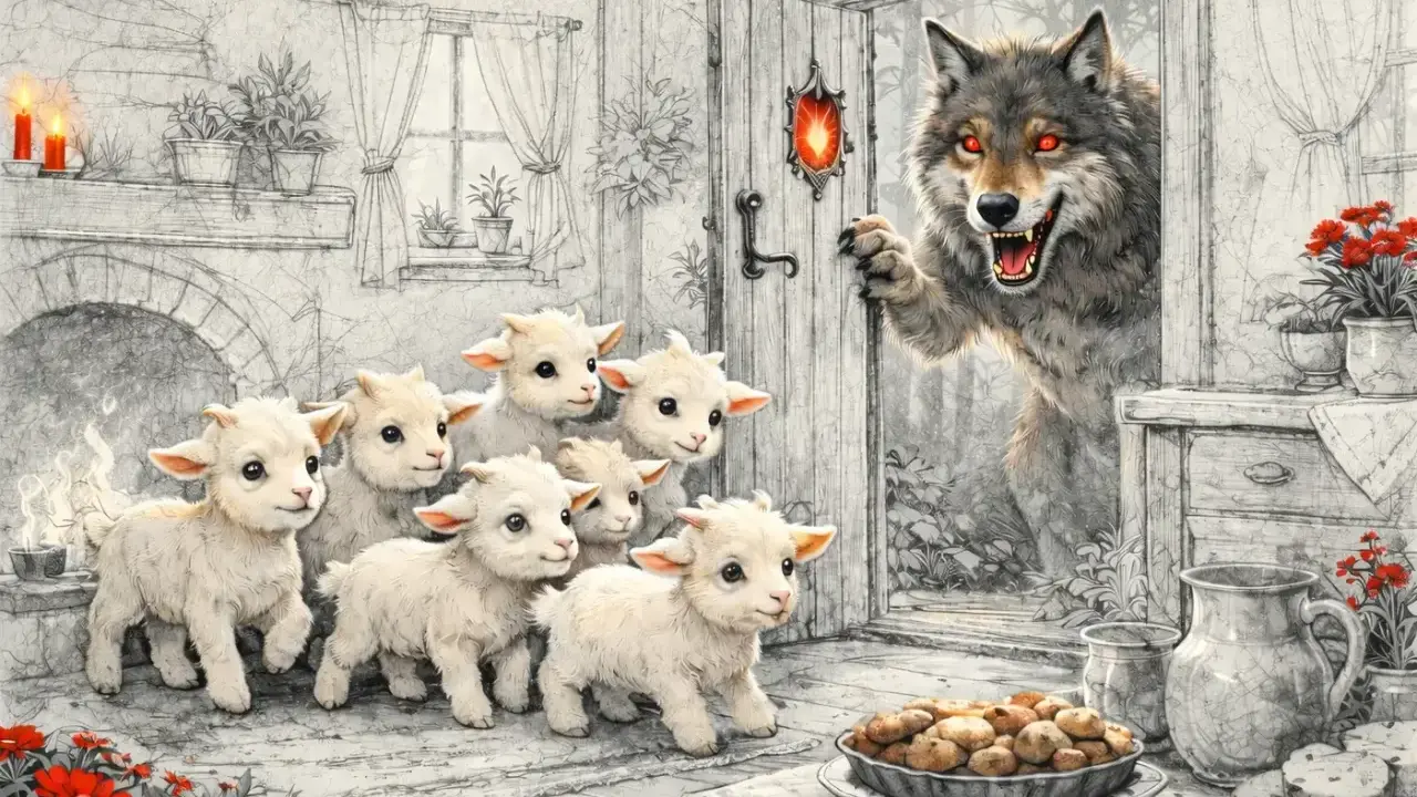 Il lupo cattivo spia i sette capretti innocenti, pronti a fare uno spuntino.