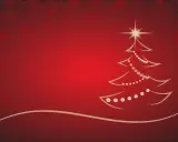 Un albero di Natale stilizzato con luci e una stella in cima, su uno sfondo rosso con fiocchi di neve. Una storia sul Natale.