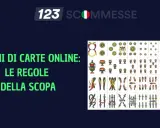 Immagine con carte da gioco italiane e testo "Giochi di carte online: le regole della scopa". Un invito a indovinare la parola, magari legata ai proverbi della scopa.