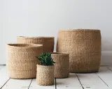 Ceste di vimini di varie dimensioni, una con una piantina. Idee per come abbellire una cesta di vimini con stile naturale.