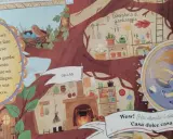 Illustrazione di una casa sull'albero con cucina, laboratorio di giardinaggio e una fata che cucina. Un gatto magico osserva da un ramo.
