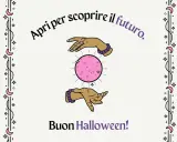 Mani che sfiorano una sfera di cristallo rosa, con la scritta "Apri per scoprire il futuro". Perfetto per frasi per Halloween in rima! Buon Halloween!