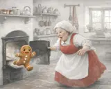 L'omino di pan di zenzero fugge dal forno, sorpreso dalla nonna. Una scena da favole per bambini.