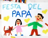 Disegno per la Festa del Papà: "Festa del Papà" scritto in azzurro e blu, con un bambino, una bambina e un gatto. Perfetto per lavoretti per la festa del papà facili.