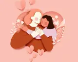 Abbraccio tra mamma e figlia, un'immagine che evoca le più belle frasi mamma e figlia, con cuori e fiori in stile paper art.