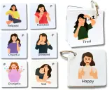 Carte illustrate per esplorare il materiale delle emozioni, utili per l'autismo. Mostrano espressioni come felice, triste, stanco, ecc.