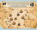 Mappa per una caccia al tesoro per bambini con navi pirata, cannoni e indizi. Risolvi gli enigmi per trovare il tesoro!