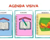 Agenda visiva per routine autismo: leggere, scrivere e merenda. Tre quaderni illustrati con simboli chiari.