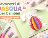 Lavoretti di Pasqua con cartoncino: un coniglietto bianco tiene un uovo colorato in 3D. Materiali per creare 10 idee facili.
