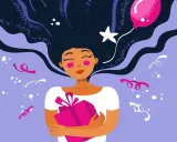Una ragazza con lunghi capelli scuri abbraccia un regalo rosa, circondata da coriandoli e un palloncino. Perfetto per auguri di buon compleanno frasi semplici.