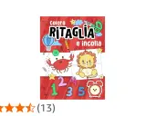 Libro "Colora, Ritaglia e Incolla" con simpatici disegni di un granchio, un leone, numeri e un orologio. Attività di ritaglio per bambini.