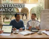 Persone sorridenti partecipano a giochi di grammatica interattivi, imparando verbi e preposizioni con esercizi pratici.
