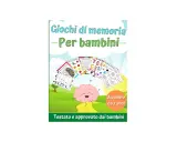 Copertina di "Giochi di memoria per bambini" con un cervello sorridente e varie schede di attività, ideali per allenare la mente.